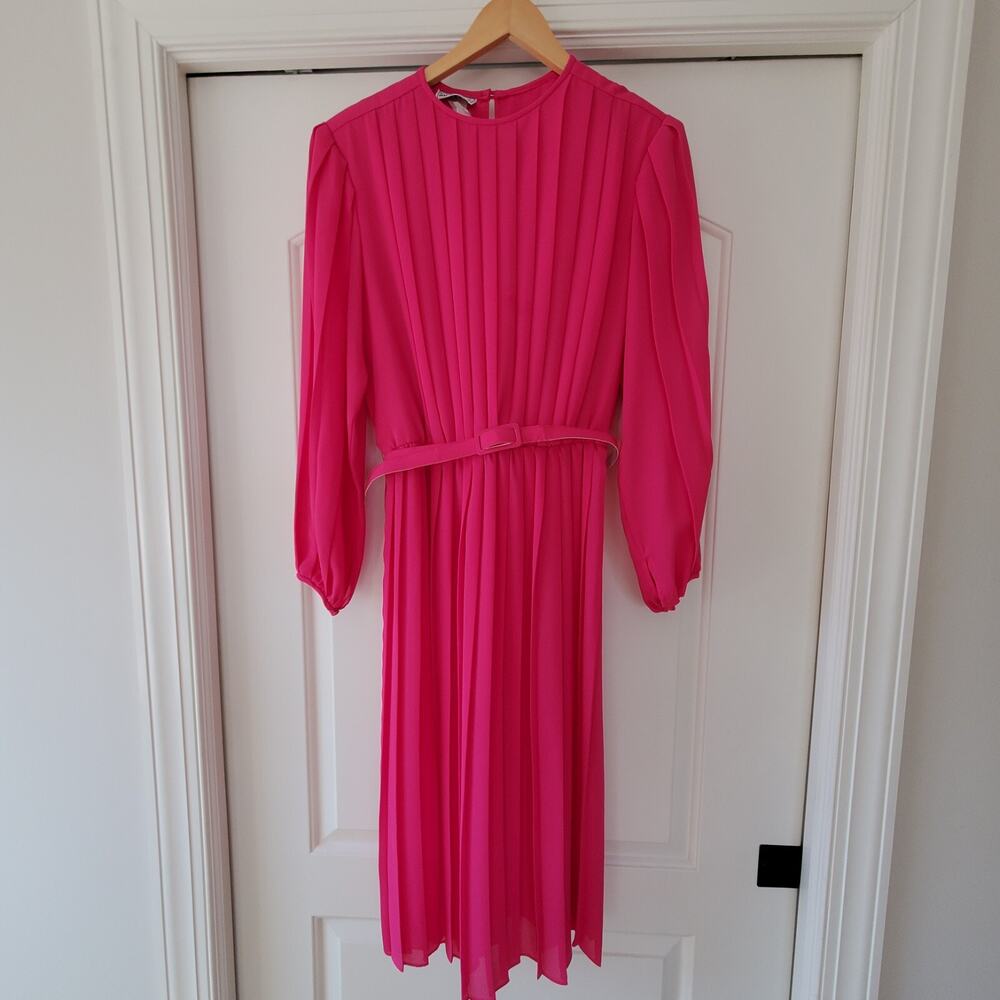 Vintage Monica Richards Pleated Chiffon Blouson Midi Dress Hot Pink Sz 8 Small
